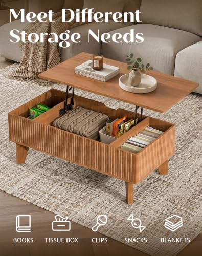 Rectangular Lift Top Coffee Table with Storage, 41.5" Mid Century Modern Living Room Center Table, Wood Fluted Coffee Table for Home Office, Walnut - color: Walnut-rectangle