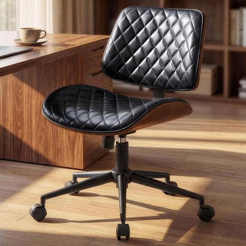 Furnimart Wooden Armless Desk Chair with Wheels, 360° Swivel Faux Leather Vanity Chair for Bedroom, Small Office Computer Task Chair for Home & Compact Spaces (PU Black) - color: Pu-black