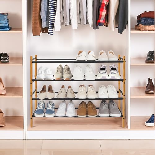 Storage MANIAC Expandable Shoe Rack, 16 Pairs Stackable Small Shoe Rack, Metal Adjustable Shoes Organizer for Closet, Entryway, Hallway, Garage, Front Door, Shoes Shelves, Bamboo 4 Tier - size: 4 Tier
