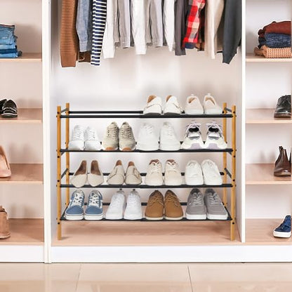Storage MANIAC Expandable Shoe Rack, 16 Pairs Stackable Small Shoe Rack, Metal Adjustable Shoes Organizer for Closet, Entryway, Hallway, Garage, Front Door, Shoes Shelves, Bamboo 4 Tier - size: 4 Tier