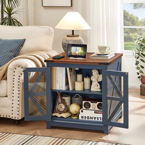 Joaxswe Farmhouse End Table Set 2 for Living Room, Charger Station | USB Ports, Glass Barn Door, Solid Wood Legs, 24" Large Sofa Side Table, Adjustable Shelf, Blue Square Table for Bedroom - color: Blue, size: Set 2