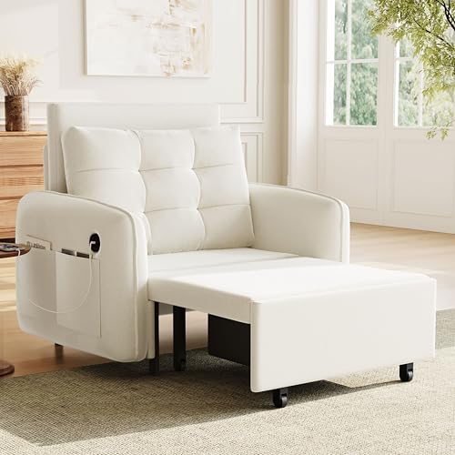 3-in-1 Convertible Sleeper Chair Bed, Multi-Functional Chenille Single Sofa Bed with Storage Pockets and Box, 80" Extra Long Pull Out Sleeping Lounge Chair for Living Room & Apartment (Beige,35) - color: Beige,35