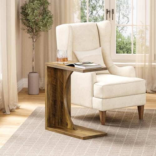 LITTLE TREE C Shaped End Table for Sofa & Bedroom - Small Side Table for Living Room, Over Couch Tray Stand for Laptop, Snacks, Books, Brown, 1 Pack - color: Brown