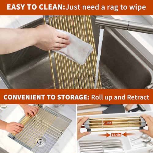 Golden Expandable Roll-UP Dish Drying Rack-Large 304 Stainless Steel Dish Drainer Over The Sink for Kitchen Countertop,Extendable & Rollable & Food Grade (Gold,22.08'x 13.2') - color: Gold, size: Large Expandable