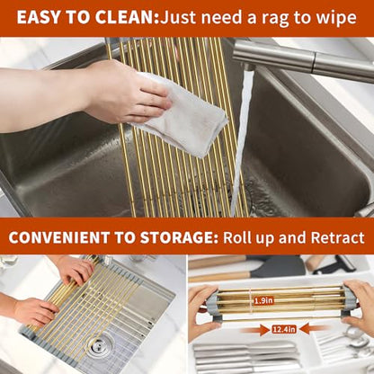 Golden Expandable Roll-UP Dish Drying Rack-Large 304 Stainless Steel Dish Drainer Over The Sink for Kitchen Countertop,Extendable & Rollable & Food Grade (Gold,22.08'x 13.2') - color: Gold, size: Large Expandable