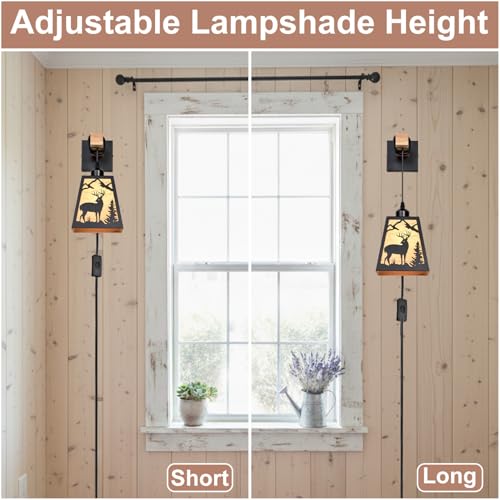 Plug in Wall Light,Deer Matte Metal Rustic Wall Sconces,1 Pack Farmhouse Yellow Parchment Paper Shades Plug in Sconce with Wood Arm,E26 Base Light for Bedside,Living Room,Bedroom,Hallway - color: Deer-Yellow