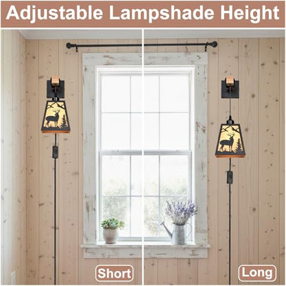 Plug in Wall Light,Deer Matte Metal Rustic Wall Sconces,1 Pack Farmhouse Yellow Parchment Paper Shades Plug in Sconce with Wood Arm,E26 Base Light for Bedside,Living Room,Bedroom,Hallway - color: Deer-Yellow