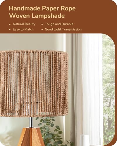EDISHINE Small Rattan Table Lamp, Wood Tripod Bedside Lamp, 14.2", E26 Base | Natural Style, E26 Socket, Boho Nightstand Light for Living Room, End Table, Office, Rosewood Color&Vertical Stripe Shade - color: Rosewood Color&Vertical Stripe Shade