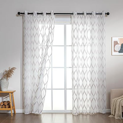SLEEP ZONE Sheer Curtains for Living Room and Bedroom, Embroidered Sheer Curtains White Sheer Curtain 52 × 72 inches Long of 2 Panels, Off-White Waves - color: White Waves, size: 52"W×72"L