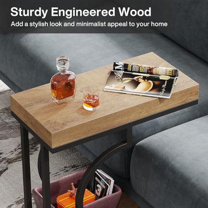 Tribesigns Narrow Side Table C Shaped End Table Modern Bedside Tables for Couch, Small Sofa Chairside Tables with Metal Frame for Living Room (2, Natural+Black) - color: Natural+black