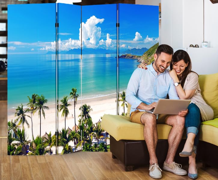 TOA 4 Panels Privacy Screen Room Divider Partition with Beach Hut Canvas, Water Resistant for Living Room, Bathroom, Home Office or College Dorm, Wood Frame