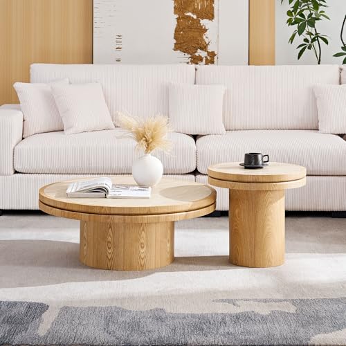 Round Nesting Coffee Table Set of 2 with Sintered Stone Tabletop & Sturdy Base, Modern Circle Center Tables Tea Table for Living Room, Easy Assembly - 35.43" & 19.49", Natural - color: Nesting Coffee Table With Sintered Tabletop,natural