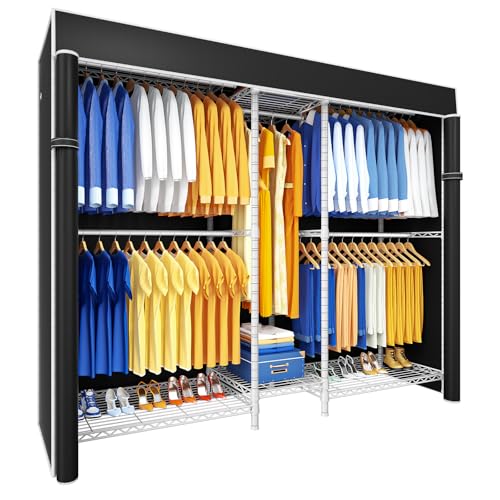 E12C Pro Heavy Duty Closet Organizer System，Freestanding Clothing Racks for Hanging Clothes，Adjustable Garment Rack 71"W x 16"D x 76.5"H Hold 960lbs，White Clothing Rack with Black Dustproof Cover - color: White Rack With Black Cover, size: E12C Pro