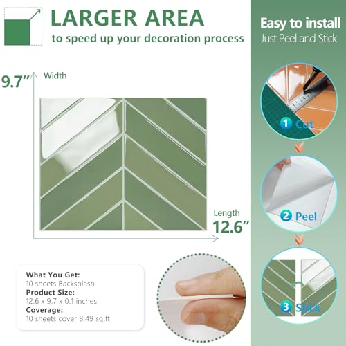 STICKGOO Herringbone Peel and Stick Backsplash, Olive Green, 10 Sheets | 12.6 x 9.7 in, Thicker Rectangular Vinyl Stick-On Wall Tiles, Easy Alignment, Waterproof, Easy to Clean, Kitchen/Bathroom - color: Olive Green, size: Pack of 10