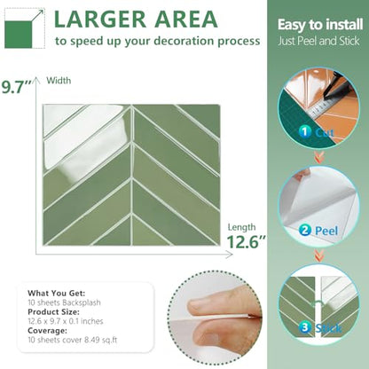 STICKGOO Herringbone Peel and Stick Backsplash, Olive Green, 10 Sheets | 12.6 x 9.7 in, Thicker Rectangular Vinyl Stick-On Wall Tiles, Easy Alignment, Waterproof, Easy to Clean, Kitchen/Bathroom - color: Olive Green, size: Pack of 10