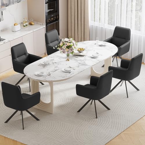 Modern Swivel Dining Chairs Set of 6, Upholstered Dining Room Chairs with Thicken Cushion, 360°Swivel Dining Chairs with Metal Legs for Dining Room, Kitchen, Bedroom, PU, Black - color: Black, size: Set of 6