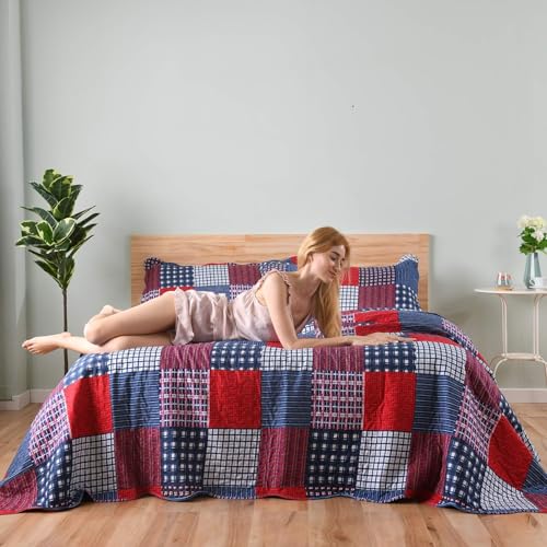 Ycosy Plaid Quilt Set Twin Size Country Patchwork Bedding Set Lightweight Reversible Bedspread Coverlet Set Red Blue Pliad Quilts Soft Home Collections with 2 Pillow Shams - color: Red Plaid Quilt, size: Twin
