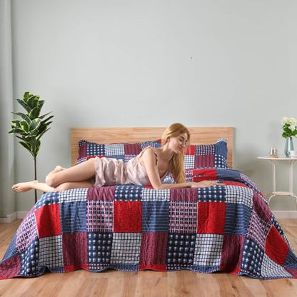 Ycosy Plaid Quilt Set Twin Size Country Patchwork Bedding Set Lightweight Reversible Bedspread Coverlet Set Red Blue Pliad Quilts Soft Home Collections with 2 Pillow Shams - color: Red Plaid Quilt, size: Twin