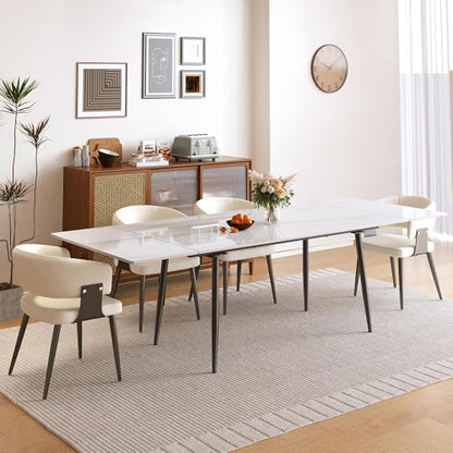 62.9"–94.4" Modern White Extendable Dining Table for 6–10 People | Scratch & Heat Resistant Sintered Stone Tabletop Kitchen Table, Stainless Steel Leg Design for Dining Room & Outdoor Patio - color: White 62.9” of 94.4”