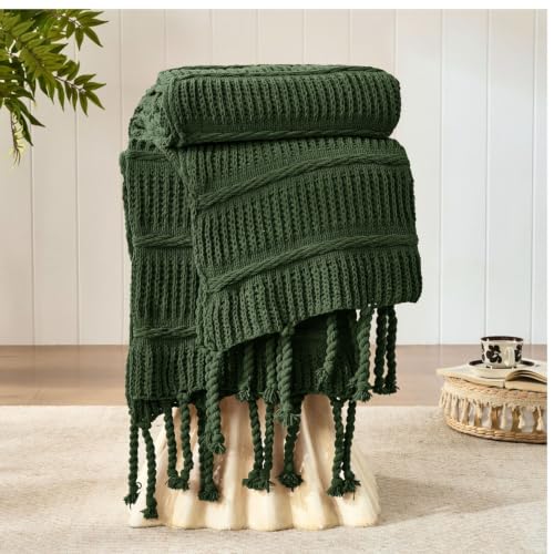 Boho Knitted Chenille Blanket with Tassels - Lightweight & Soft All-Season Throw - 3D Classic Pattern for Living Room Bedroom Couch, Imperial Green, Throw 50"x60" - color: Imperial Green, size: Throw