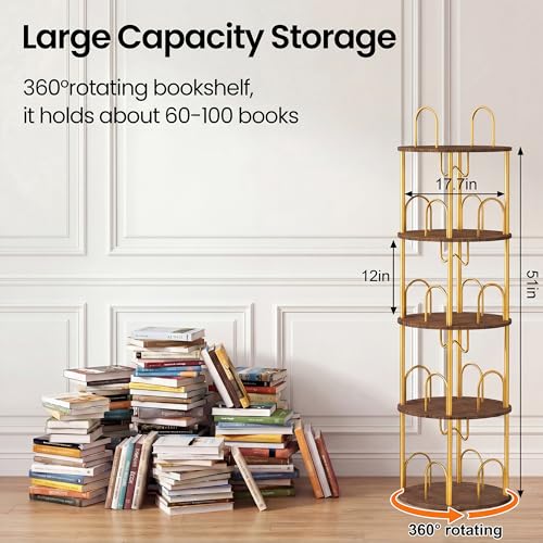 4 Tier Rotating Bookshelf, 360° Spinning Bookshelf Tower, Narrow Corner Book Shelf, Revolving Bookcase Corner Tall Book Shelf for Small Spaces, Bedroom, Living Room, Gold - color: Gold, size: 4 Tier, 55″H