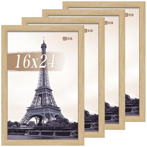 VCK 16x24 Frame Oak 4 Pack, Wide Thick Wood Border, for Poster/Prints | Exclusive Woodgrain, Wall Hanging, HD Plexiglass, Vertical/Horizontal, Picture Frame Set for Office, Hallways, Study Room - color: Natural, size: 16X24