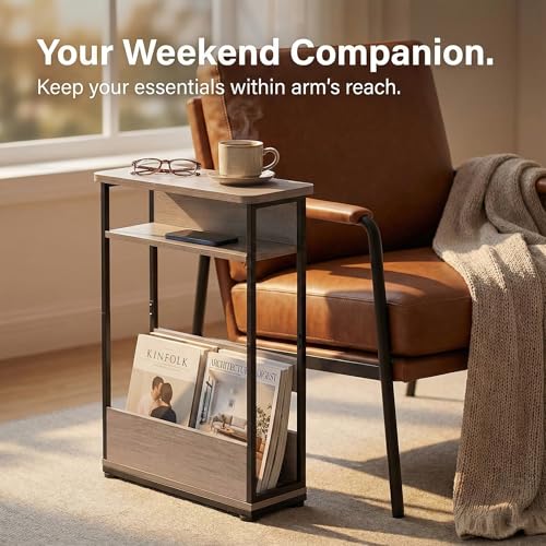Narrow Side Table,3-Tier Slim End Table with Storage Shelf,Modern Sofa Table Thin Side Table for Narrow and Small Spaces, Skinny Bedside Table Small Nightstand with Magazine Rack Space Saving/Oak - color: Oak