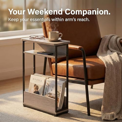 Narrow Side Table,3-Tier Slim End Table with Storage Shelf,Modern Sofa Table Thin Side Table for Narrow and Small Spaces, Skinny Bedside Table Small Nightstand with Magazine Rack Space Saving/Oak - color: Oak
