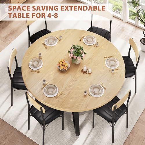 Extendable Dining Table for 4-8, Round Extendable Dining Room Table with Removable Leaf & Storage Shelf, Expandable Oval Kitchen Table with Pedestal Base, Modern Industrial Space Saving (Natural) - color: Natural