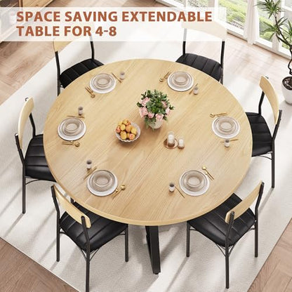 Extendable Dining Table for 4-8, Round Extendable Dining Room Table with Removable Leaf & Storage Shelf, Expandable Oval Kitchen Table with Pedestal Base, Modern Industrial Space Saving (Natural) - color: Natural