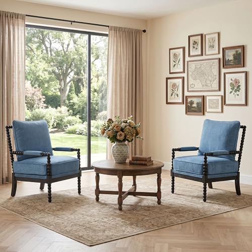 DUHOME Linen Fabric Spindle Accent Chairs Set of 2 with Wood Frame,Modern Accent Spool Chairs with Padded Spring Seat and Brushed Blue Base for Living Room Bedroom Farmhouse Home Office Belcony - color: Black+blue, size: 2 pcs