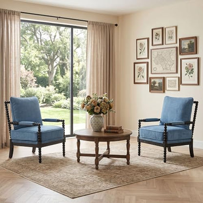 DUHOME Linen Fabric Spindle Accent Chairs Set of 2 with Wood Frame,Modern Accent Spool Chairs with Padded Spring Seat and Brushed Blue Base for Living Room Bedroom Farmhouse Home Office Belcony - color: Black+blue, size: 2 pcs