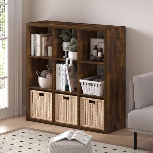 Furinno Cubicle 9-Cube Book Shelf, Extra Thick Frame Bookshelf, Amber Pine | 14.6" x 44" x 44", Reversible Bookcase with Open Back, for Living Room, Bedroom, Home Office - color: Amber Pine, size: 9-Cube