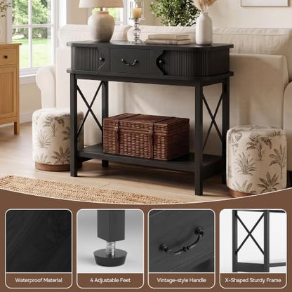 39'' Narrow Console Table, 2-Tier entryway Sofa Table, Black | Narrow Console Table with Drawer & Cabinets; Sturdy X-Frame, Slim Wood for Entryway, Hallway, Living Room & Behind Couch - color: Black