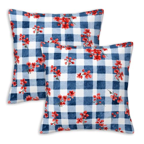 Gingham Floral Throw Pillow Covers 18x18 Inches Set of 2 | Modern Farmhouse Country Cushion Cases | Check Cottage Pillowcases Decor for Living Room Couch Sofa | Spring Summer Home Accents - color: Gingham Floral