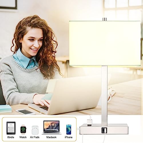 21" Touch Bedside lamps with 2 USB & AC Outlets, 3-Way Dimmable Bedside Table Lamps Set of 2 for Bedroom Living Room Office Reading, White Shade Lamps for Night Stands, 3000K LED Bulbs Included - color: (2 pack)White Cream Linen & Brushed Nickel(Base)-300