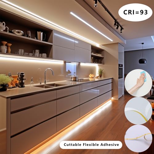 BENLUN 12V COB LED Under Cabinet Strip Lighting Cuttable 32.8ft for Kitchen | 3000K Warm White LED Strip Lights Dimmable Adhesive 8W/M CRI 93 with Dimmer and Power Supply for Bookcase Shelf Display - color: Warm White 3000K