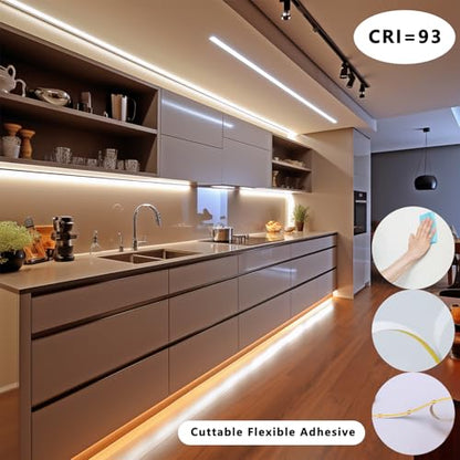 BENLUN 12V COB LED Under Cabinet Strip Lighting Cuttable 32.8ft for Kitchen | 3000K Warm White LED Strip Lights Dimmable Adhesive 8W/M CRI 93 with Dimmer and Power Supply for Bookcase Shelf Display - color: Warm White 3000K