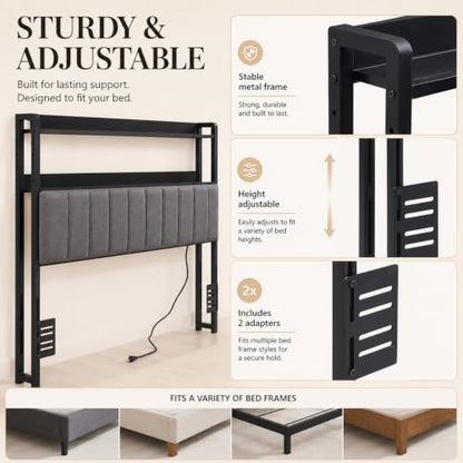 Upholstered Queen Headboard with Storage and USB (Queen (U.S. Standard)) | bedroom dorm apartment, soft vertical panel, adjustable height, LED Light, bed frame adapters, queen size headboard only - size: Queen (U.S. Standard)