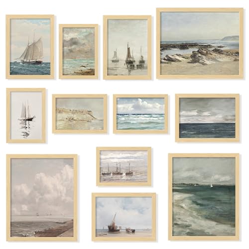 97 Decor Framed Vintage Coastal Wall Art, Nautical Seascape, 12 Pc Set | Framed sailboat and seascape prints, pine wood frames, ready to hang, beach and nautical home decor - color: Vintage Coastal Gx8x10, size: Framed