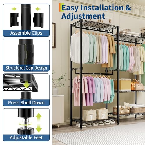 Freestanding Heavy Duty Garment Rack with Adjustable Shelves and Hanging Rods, Large 1630 Lbs Capacity Portable Closet Organizer for Bedroom or Cloakroom Storage, Black - size: (2x3x2)67.6"D x 15.5"W x 76.5"H