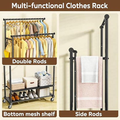 Rolling Clothes Rack with Doule Rod for Hanging, Heavy Duty Metal Garment Rack Load 450 LBS with Lockable Wheel, Free Standng Clothing Rack with 2 Shelves and Side Hooks for Home Commercial, Black - color: Black