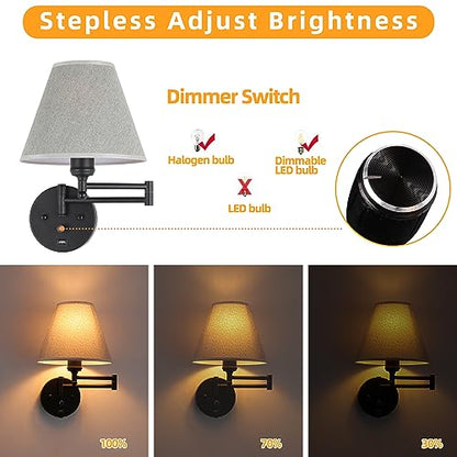 Swing Arm Wall Lamp.Wall Mount lamp with Dimmable Switch.Plug in Wall Sconces with USB Charging Port. Black Sconces Wall Lighting Suitable for Bedroom,Living Room. - color: Black