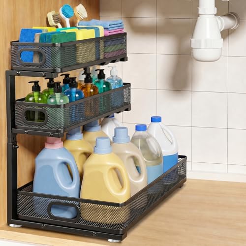 3 Tier Adjustable Under Sink Organizer for Bathroom & Kitchen(1Pack, Black) | 35% More Storage, 5 Adjustable Heights, Sliding Pull Out,No Sliding, Heavy-Duty Steel Frame, Multi-Purpose Cabinet Organizer - color: Black, size: 1 Pack