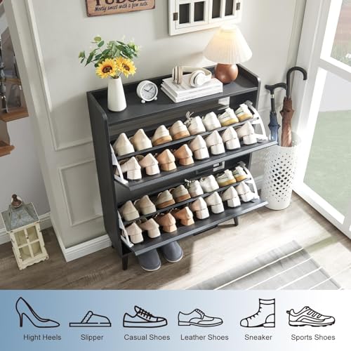 Barnyatoh Shoe Storage Cabinet with 2 Flip Drawers,Hidden Shoe Organizer | Farmhouse Freestanding Narrow Slim Shoes Rack Cabinet with Adjustable Shelves for Entryway Hallway,Black - color: Black
