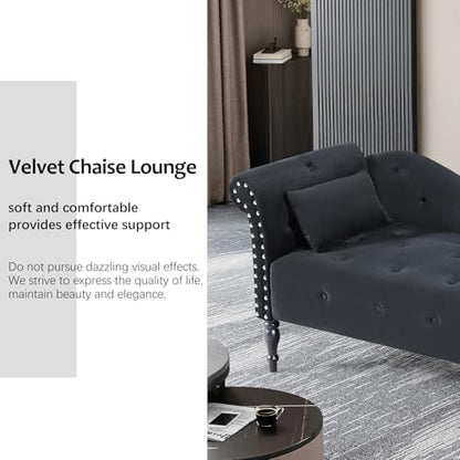 60" Modern Velvet Chaise Lounge Indoor, Upholstered Chair with Left Armrest and Lumbar Pillow, Button Tufted Lounge Sofa for Living Room Bedroom Office, Mini Chaise Longue Sofa (Black) - color: Black