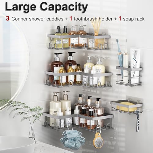 Liuoud Corner Shower Caddy, 5 Pack Adhesive Stainless Steel Organizer, Grey | Shower Shelves with Soap Rack Toothbrush Holder, Large Capacity No Drilling Bathroom Accessory Home Decor Set - color: Grey