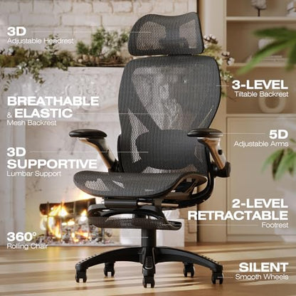 X100 Ergonomic Mesh Office Chair with Footrest, Big and Tall Hone Desk Chair with 5D Flip-Up Arms, Adjustable 3D Lumbar Support,Gaming & Executive Computer Chairs - color: Midnight Mist