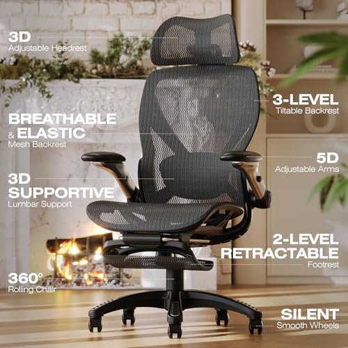 X100 Ergonomic Mesh Office Chair with Footrest, Big and Tall Hone Desk Chair with 5D Flip-Up Arms, Adjustable 3D Lumbar Support,Gaming & Executive Computer Chairs - color: Midnight Mist