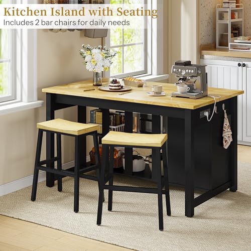 Kitchen Island with Storage and Seating Include 2 Bar Stools, Drawers,Black | 47" Solid Rubberwood Top Kitchen Island with Trash Can Storage, Power Outlet, 6 Hooks, Coffee Bar Cabinet, Dining Table for 2 - color: Black